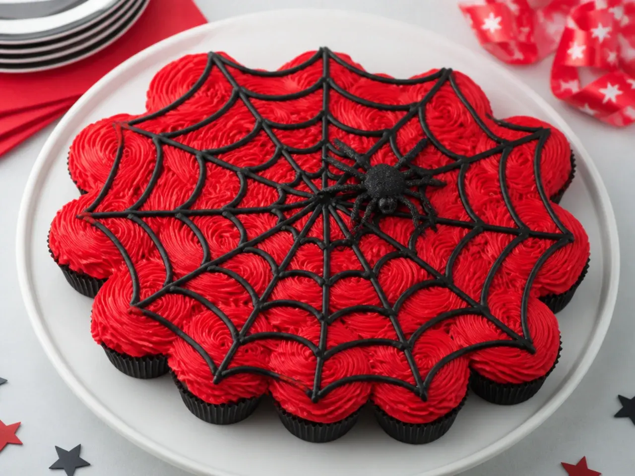 Playful Spiderman cupcake pull-apart cake shaped into a web with red frosting