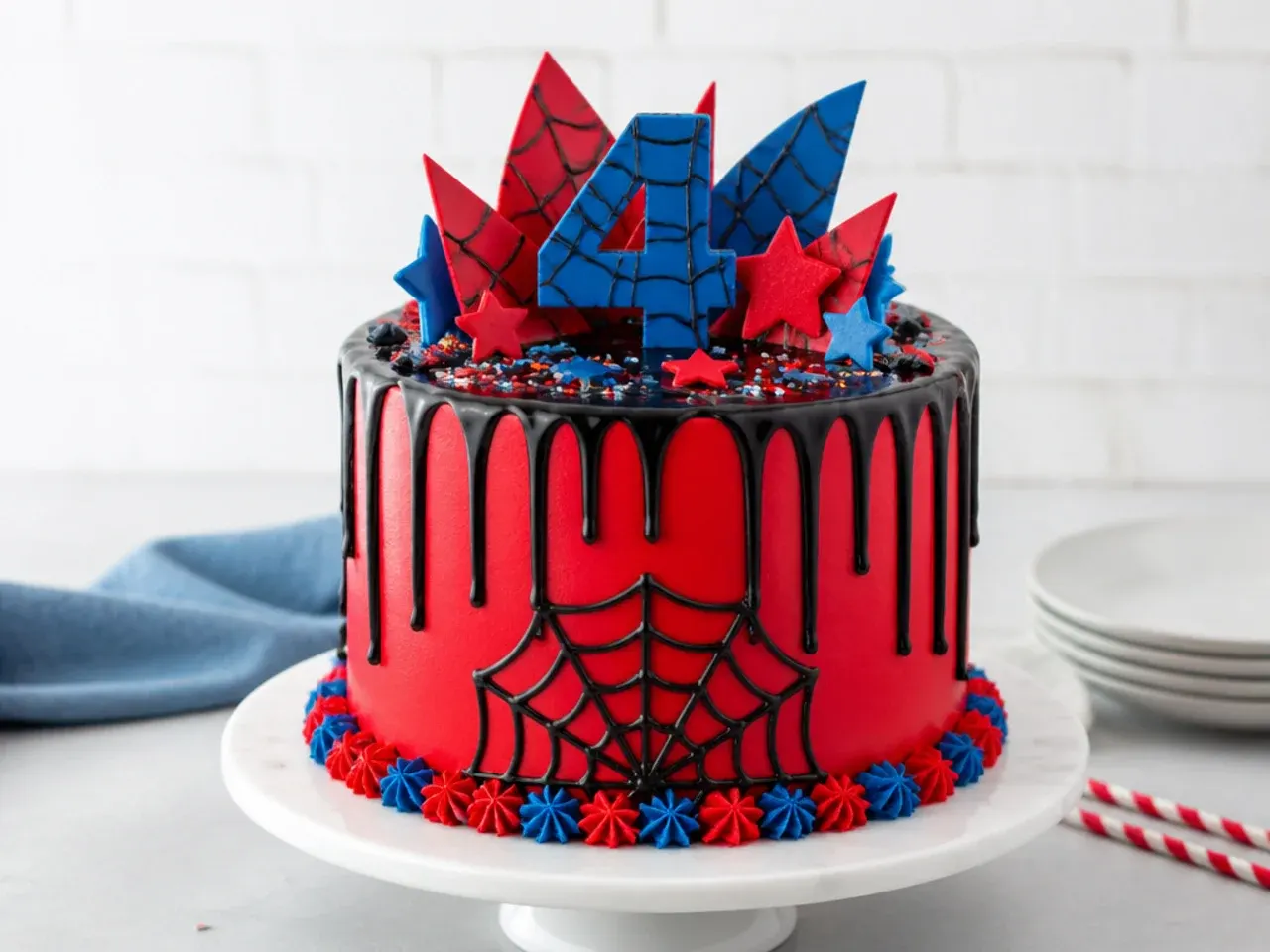 Modern Spiderman drip cake with red buttercream, black chocolate drip and geometric web