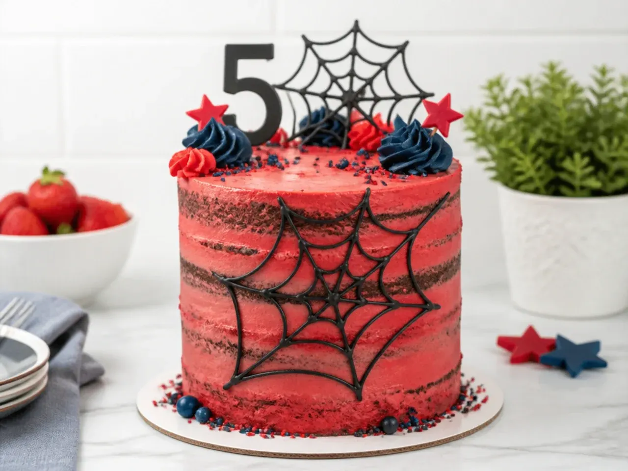 Rustic semi-naked Spiderman cake with a light red buttercream scrape and loose web