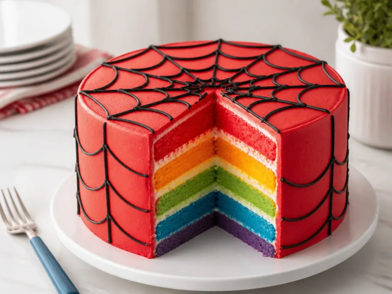 Colorful rainbow-layer Spiderman cake with a plain red exterior and black web