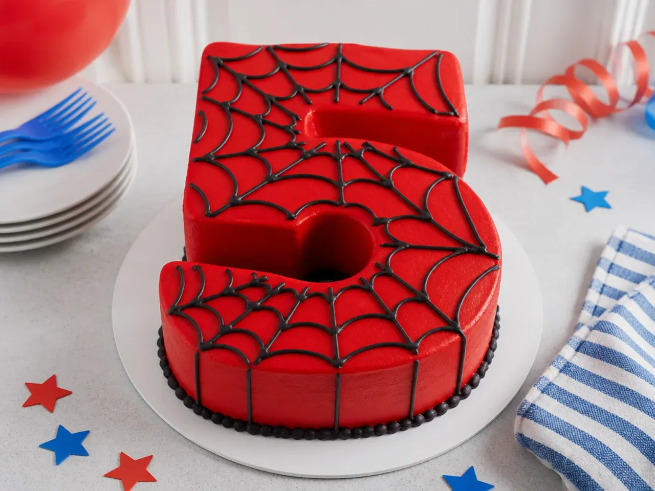 Festive Spiderman number birthday cake covered in red buttercream and a black web