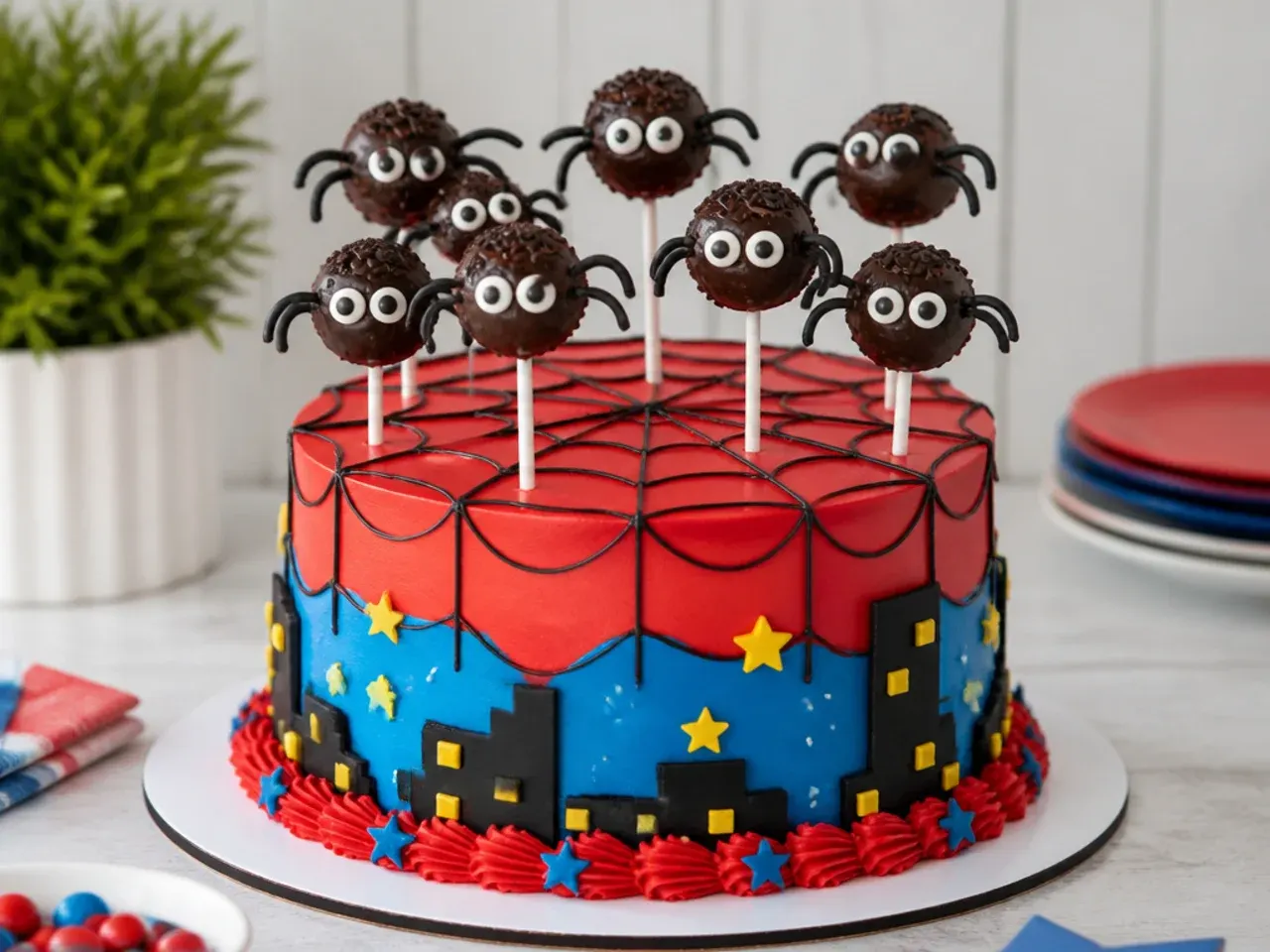 Whimsical Spiderman cake topped with homemade chocolate spider cake pops
