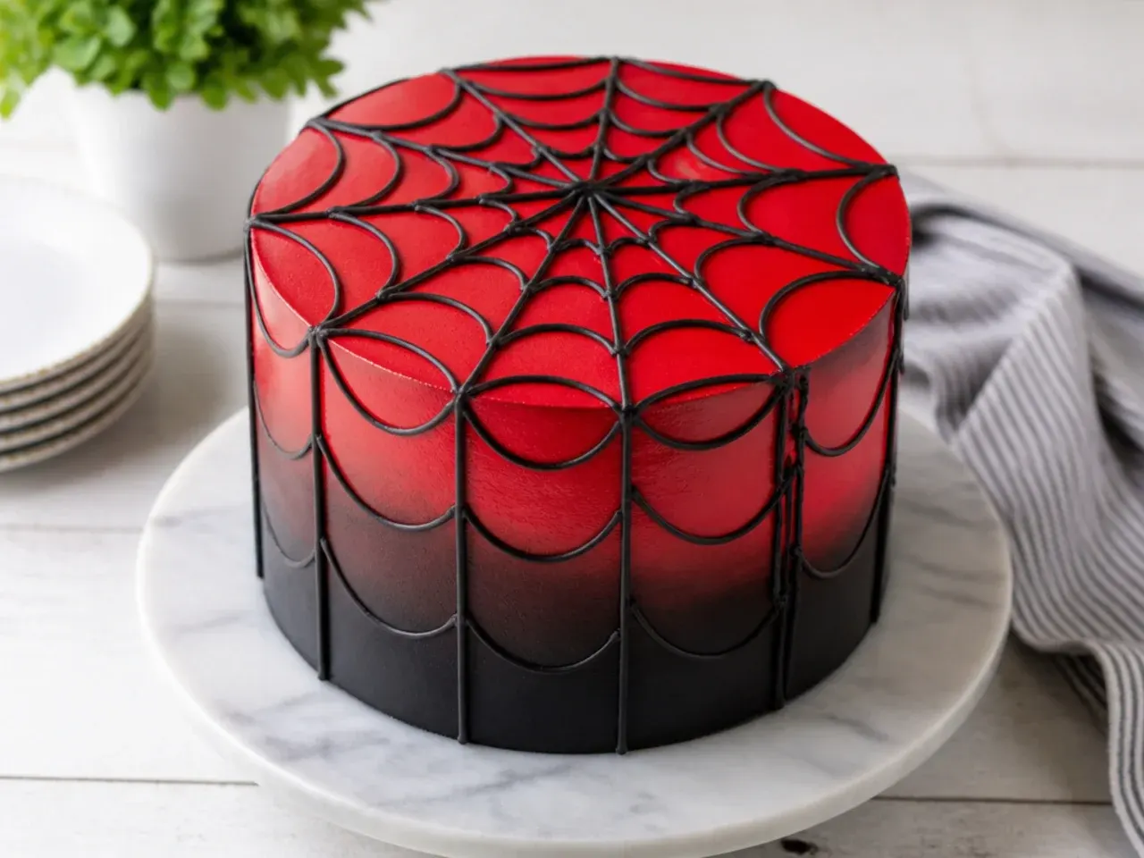 Bold red-to-black ombre Spiderman cake with a thick black buttercream web