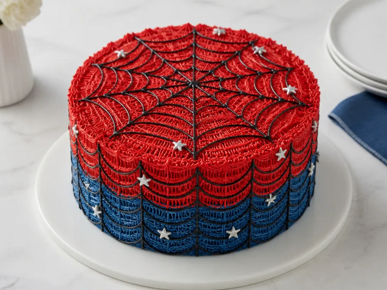 Delicate piped-lace Spiderman cake with fine web lines and tiny silver stars