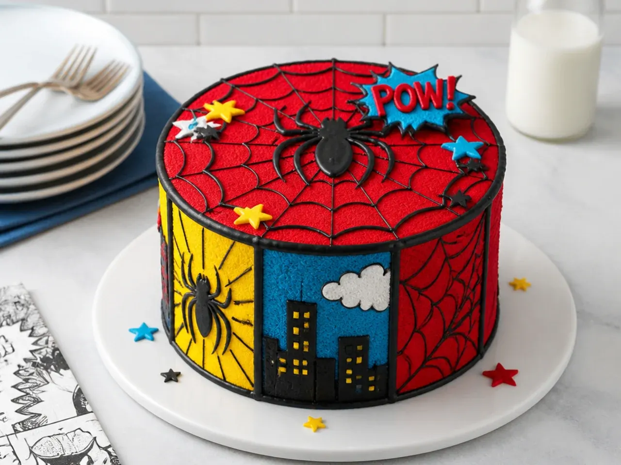 Vintage comic-panel Spiderman-inspired cake with bold black outlines and primary colors