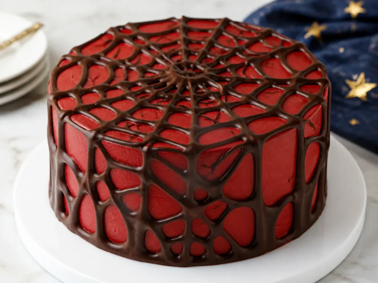 Creative Spiderman cake draped with a free-form chocolate web sheet over red buttercream