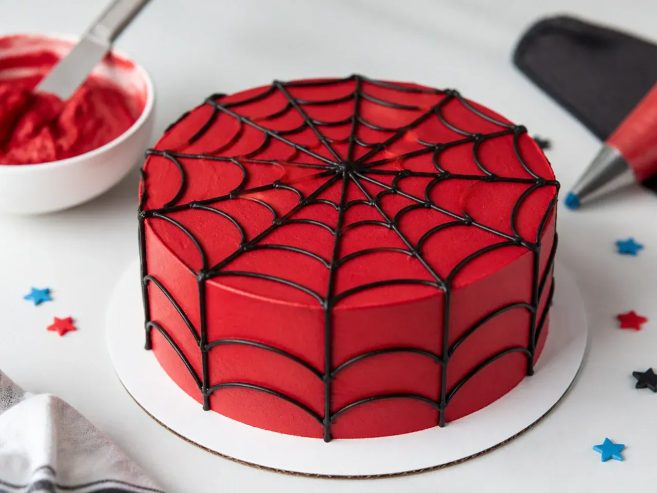 Decorating tips for making a simple Spiderman cake easier with chilled red buttercream