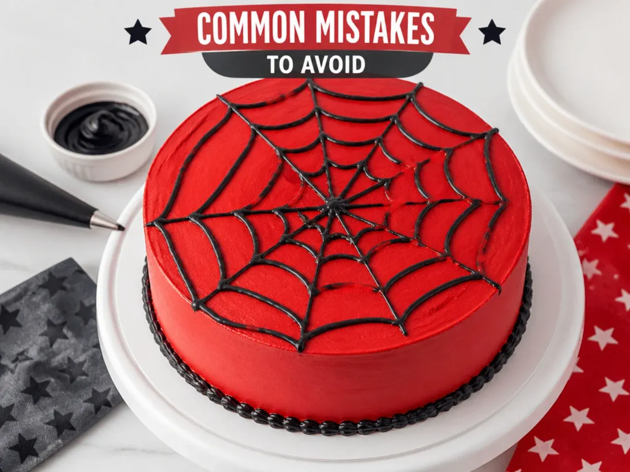 Common mistakes to avoid when piping a black web on a red Spiderman cake