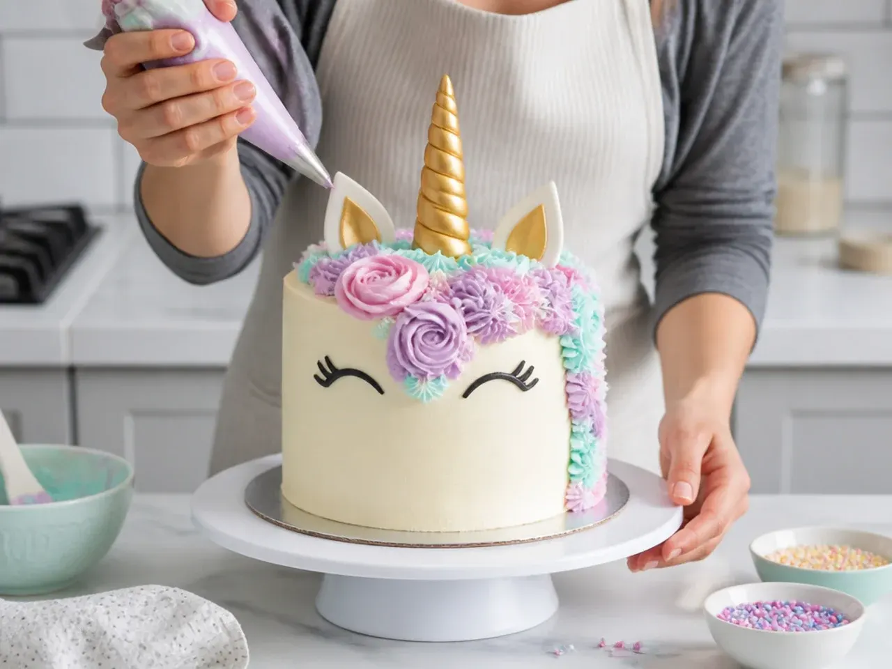 simple unicorn cake — step 7: stack, crumb coat, and decorate