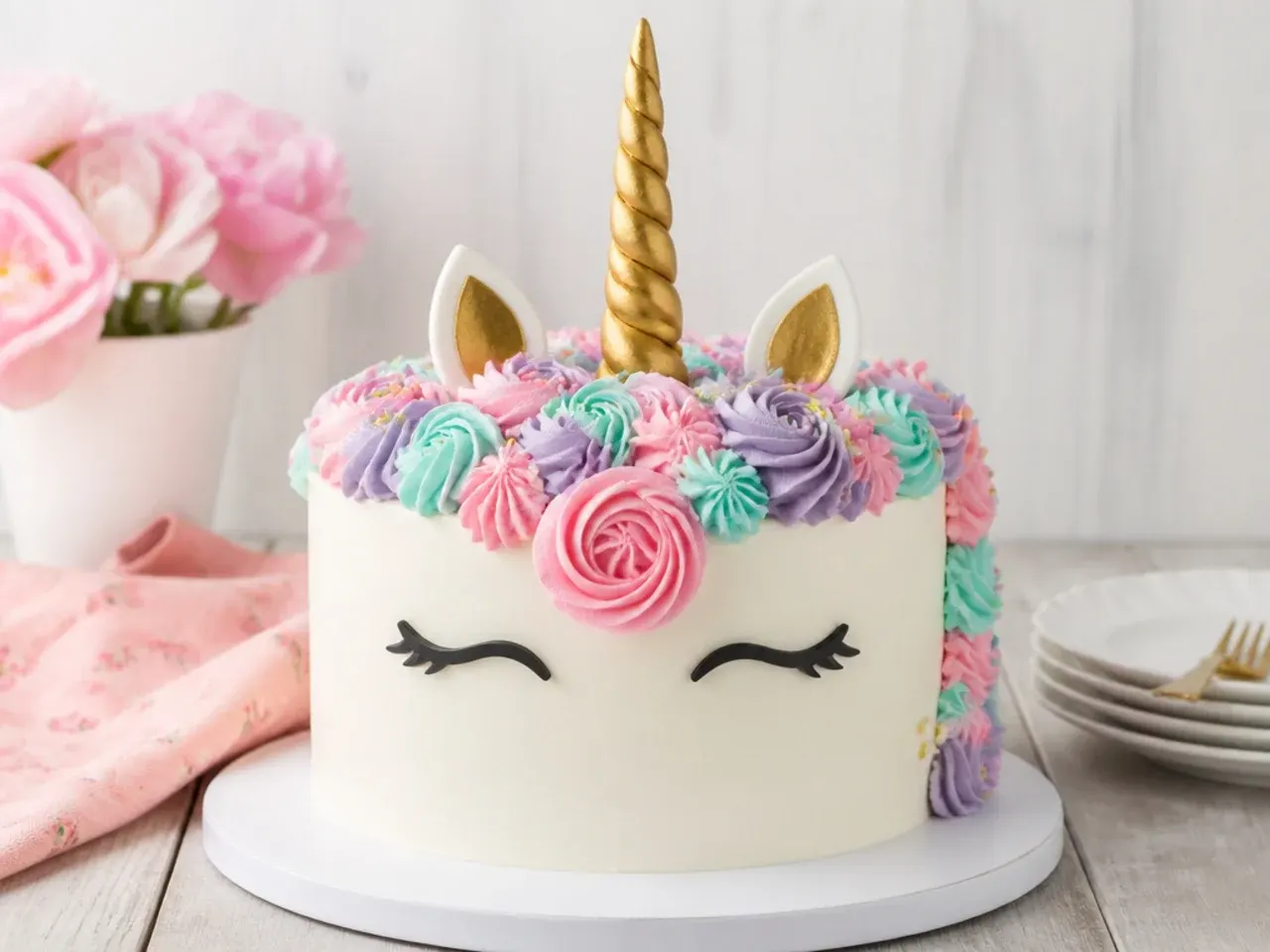 Classic simple unicorn cake with a pastel buttercream mane of rosettes