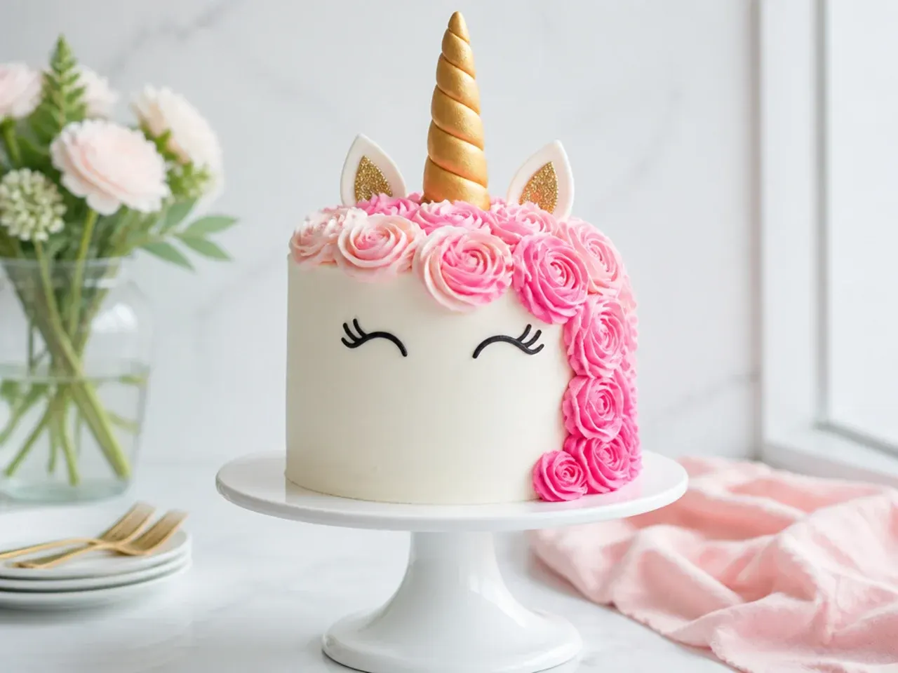 Elegant simple unicorn cake with a pink ombre buttercream mane