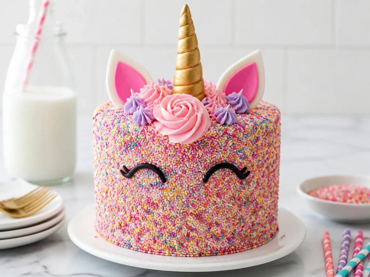 Playful simple unicorn cake covered in colorful sprinkles