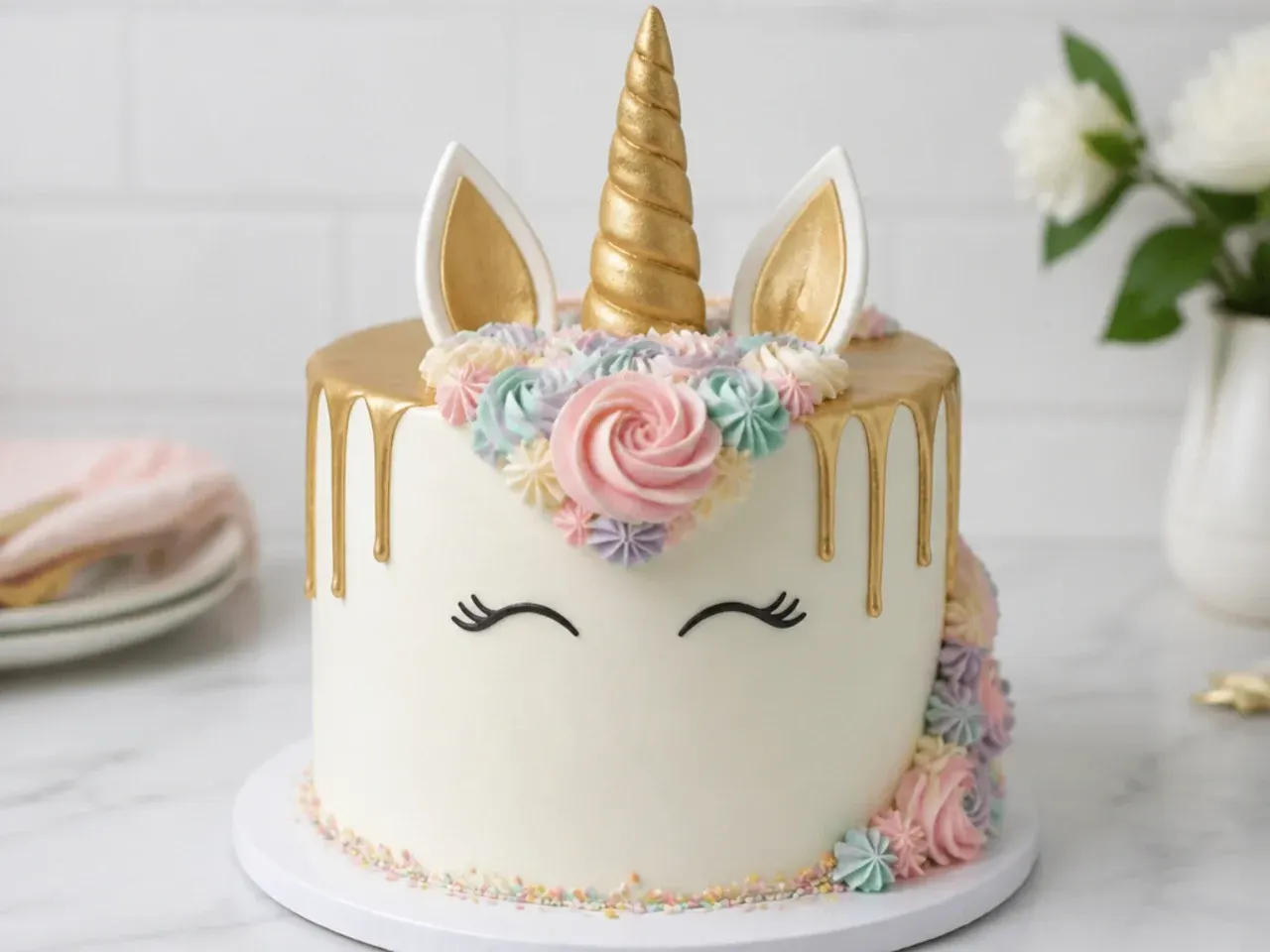 Modern simple unicorn cake with a gold chocolate drip and small mane