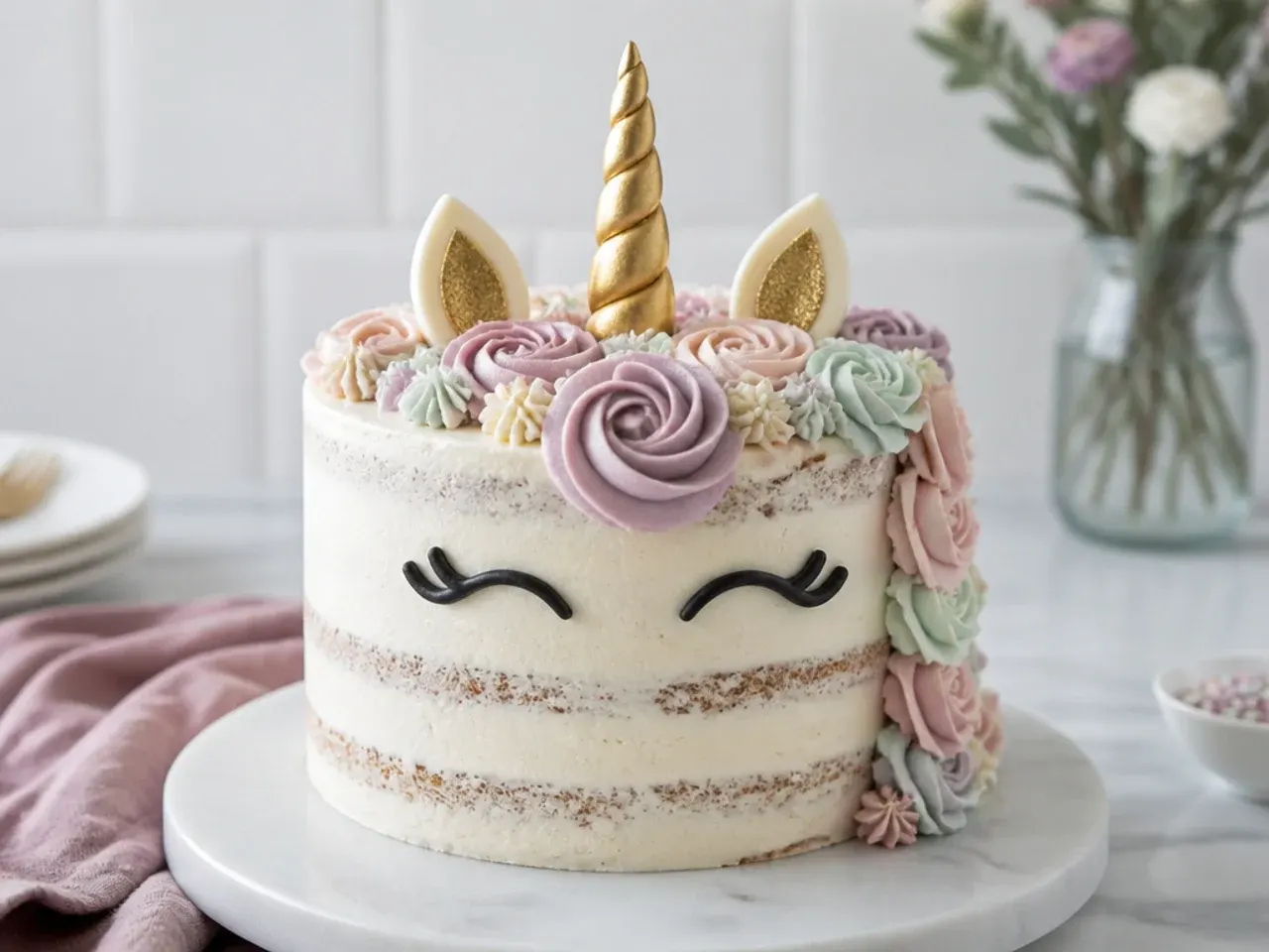 Rustic semi-naked simple unicorn cake with a muted mane and flowers