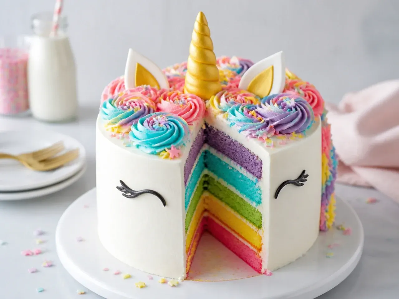 Colorful simple unicorn cake with rainbow-tinted layers inside