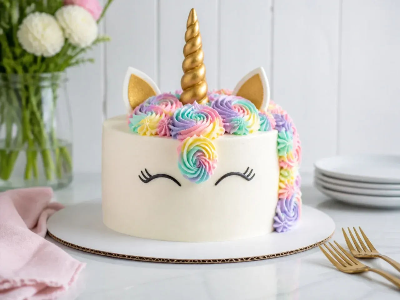 Minimal one-tier simple unicorn cake with a small buttercream mane