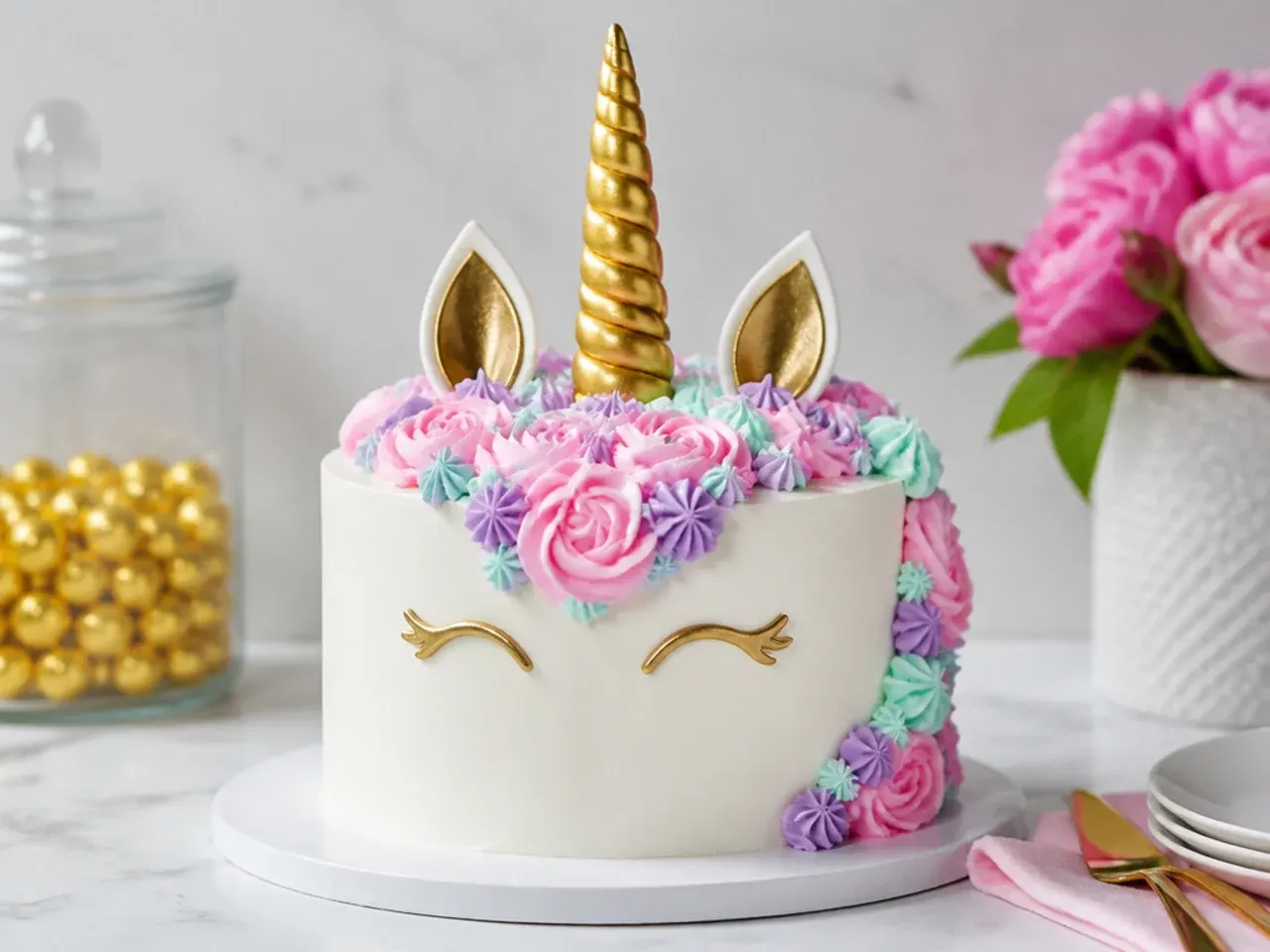 Festive simple unicorn cake decorated for a holiday celebration