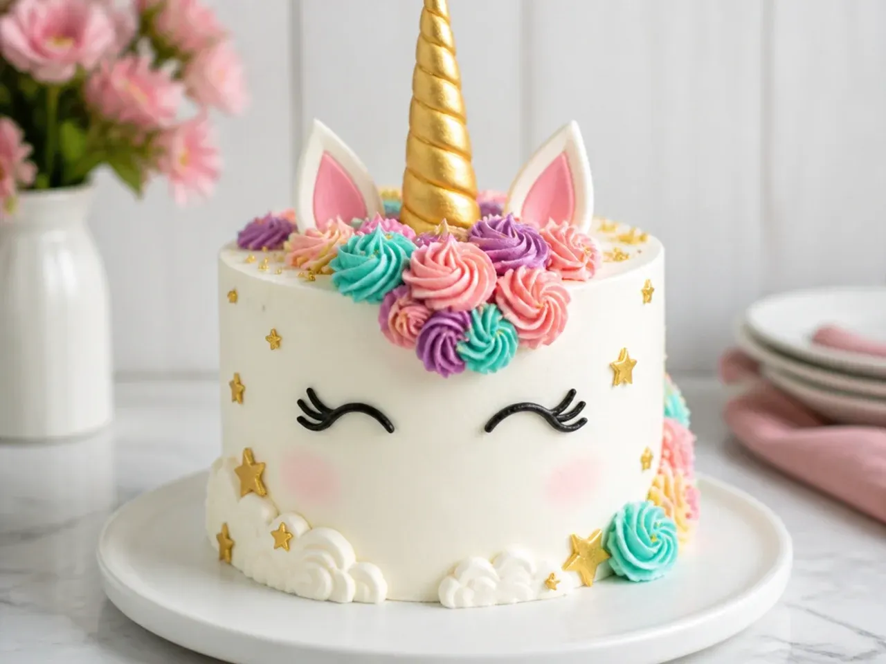 Whimsical simple unicorn cake with buttercream clouds and gold stars
