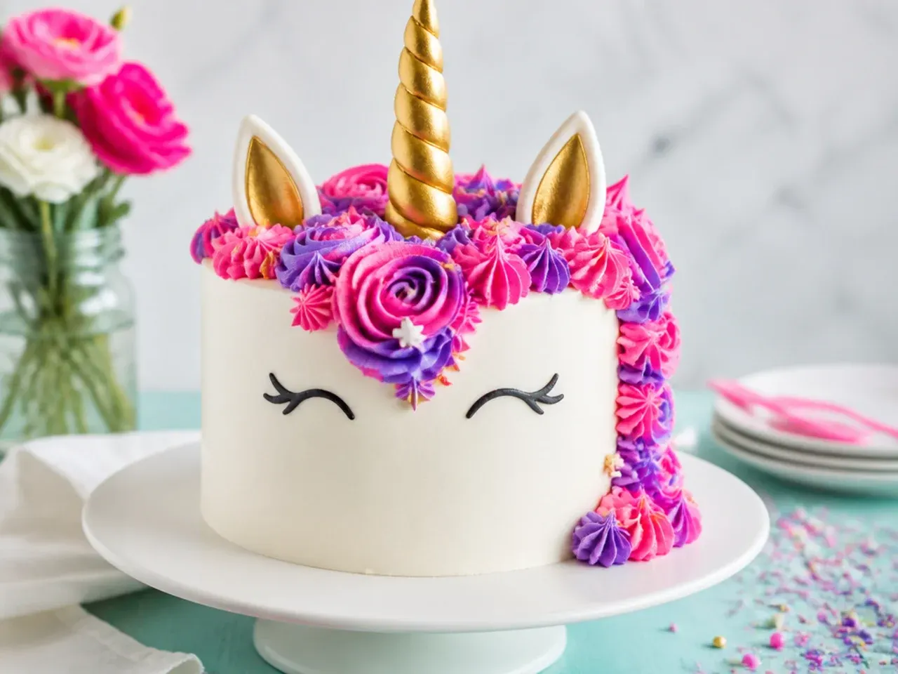 Bold neon simple unicorn cake with bright pink and purple mane