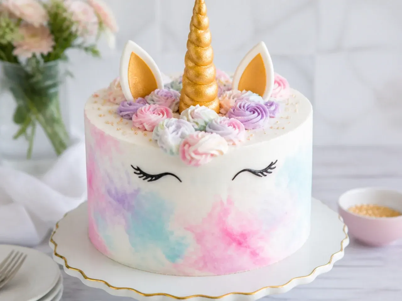 Delicate watercolor simple unicorn cake with a soft painted finish