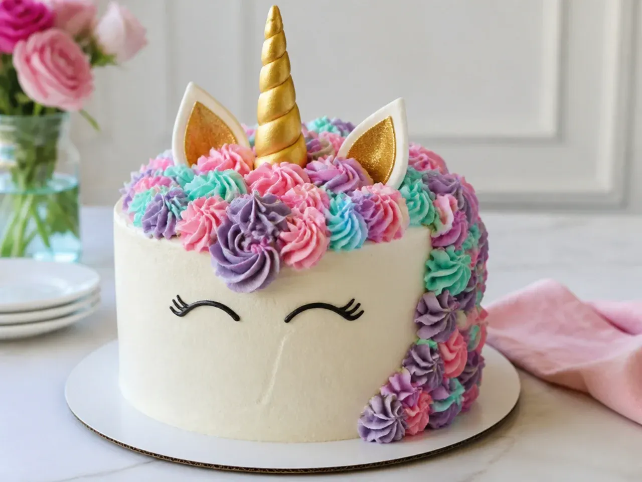 Vintage simple unicorn cake with piped buttercream ruffles