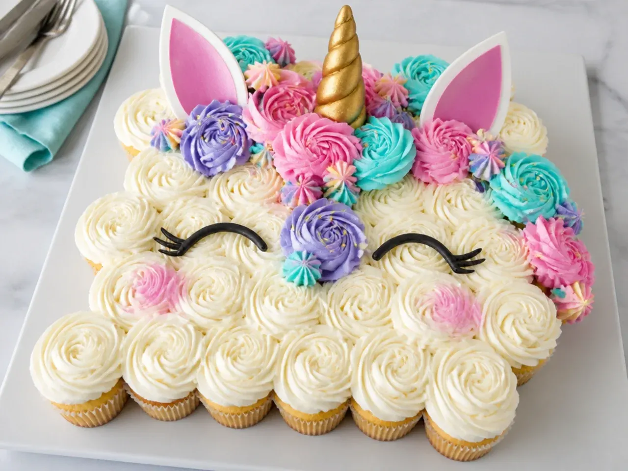 Creative simple unicorn cake made from pull-apart frosted cupcakes