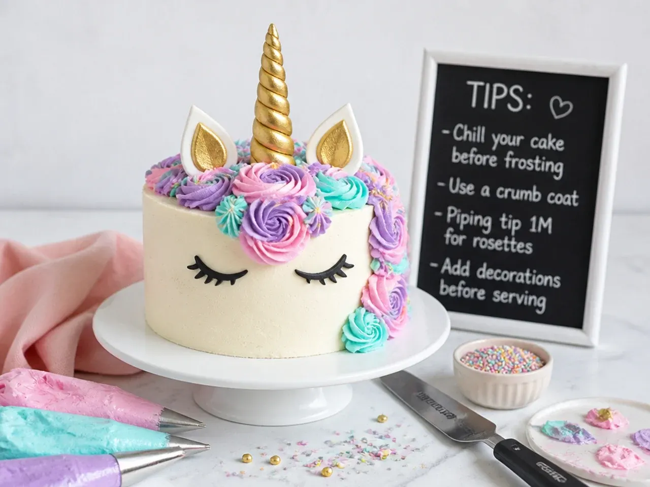 Tips for making a simple unicorn cake easier with buttercream and tools