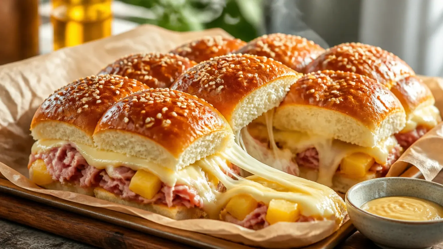 Tray of golden baked Hawaiian roll ham and cheese sliders, sliced and ready to serve.
