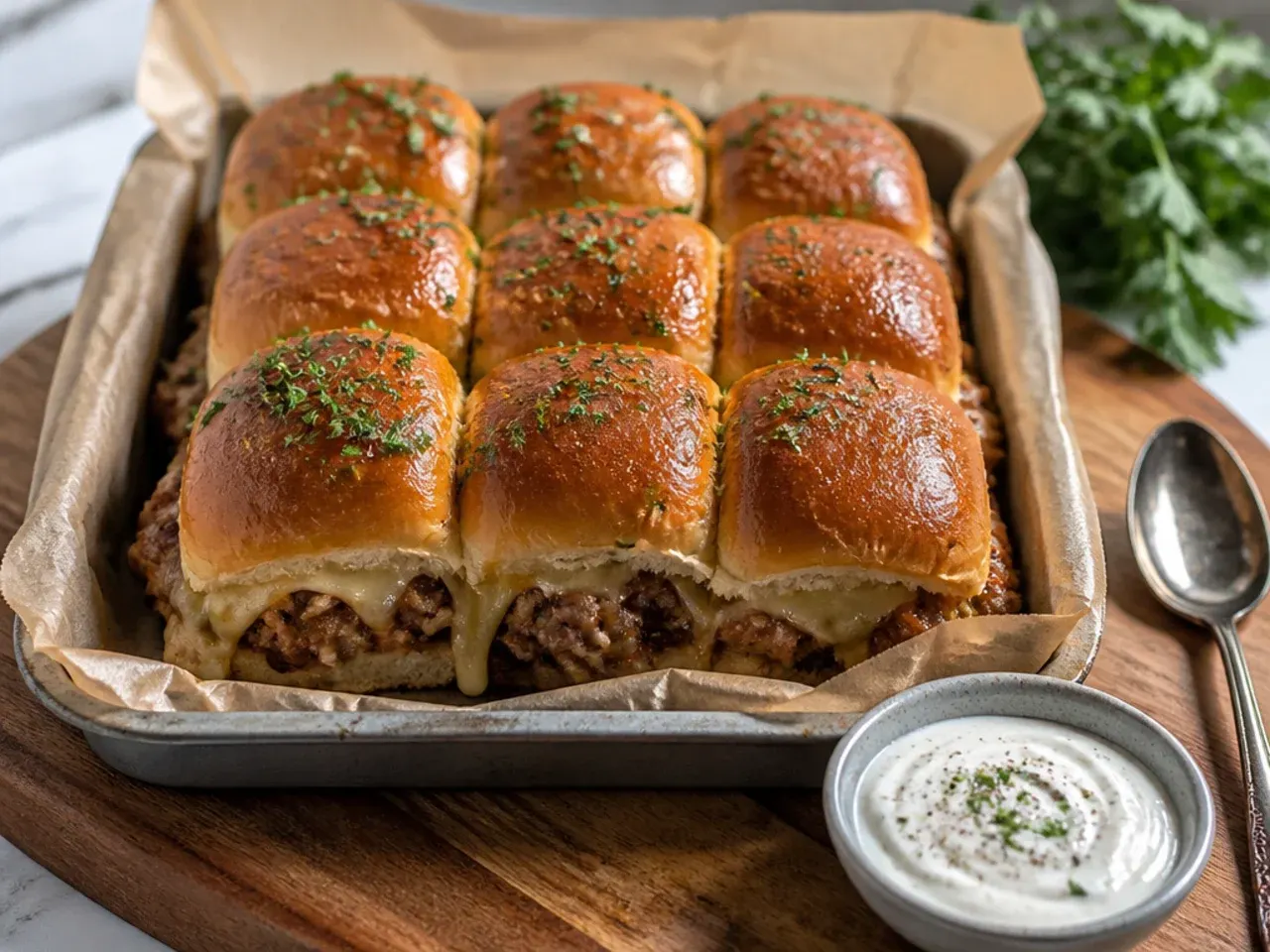 Whole slab of Hawaiian rolls sliced in half horizontally on a wooden board.