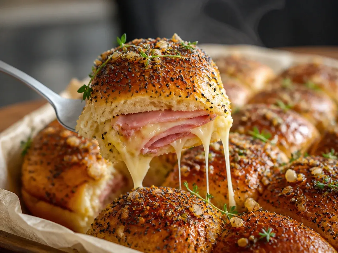 Poppy seeds sprinkled over buttered Hawaiian roll tops before baking.