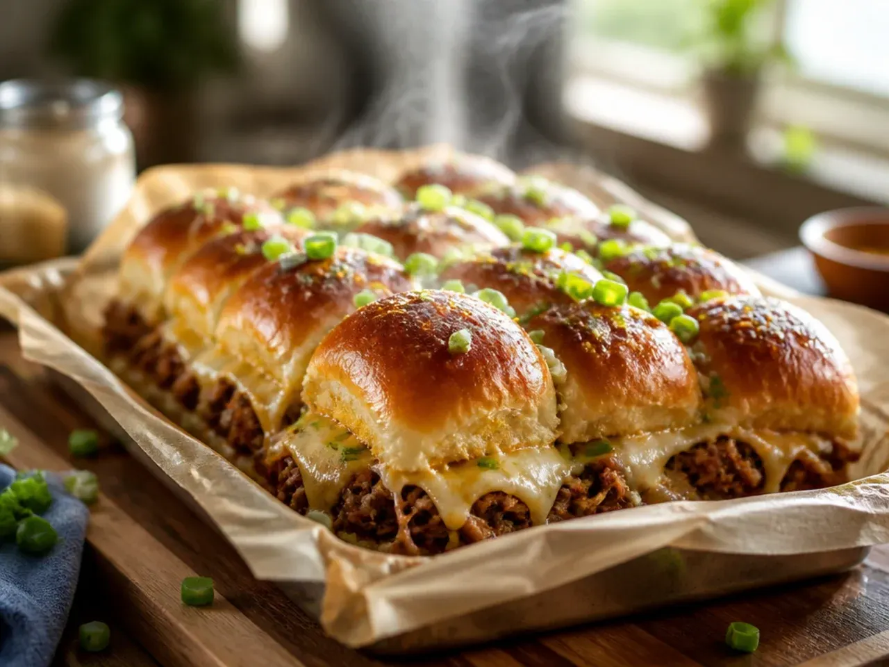 Foil-covered baking tray of Hawaiian roll sliders in the oven.