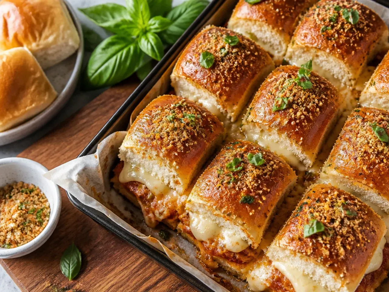 Golden brown baked Hawaiian roll sliders fresh out of the oven.