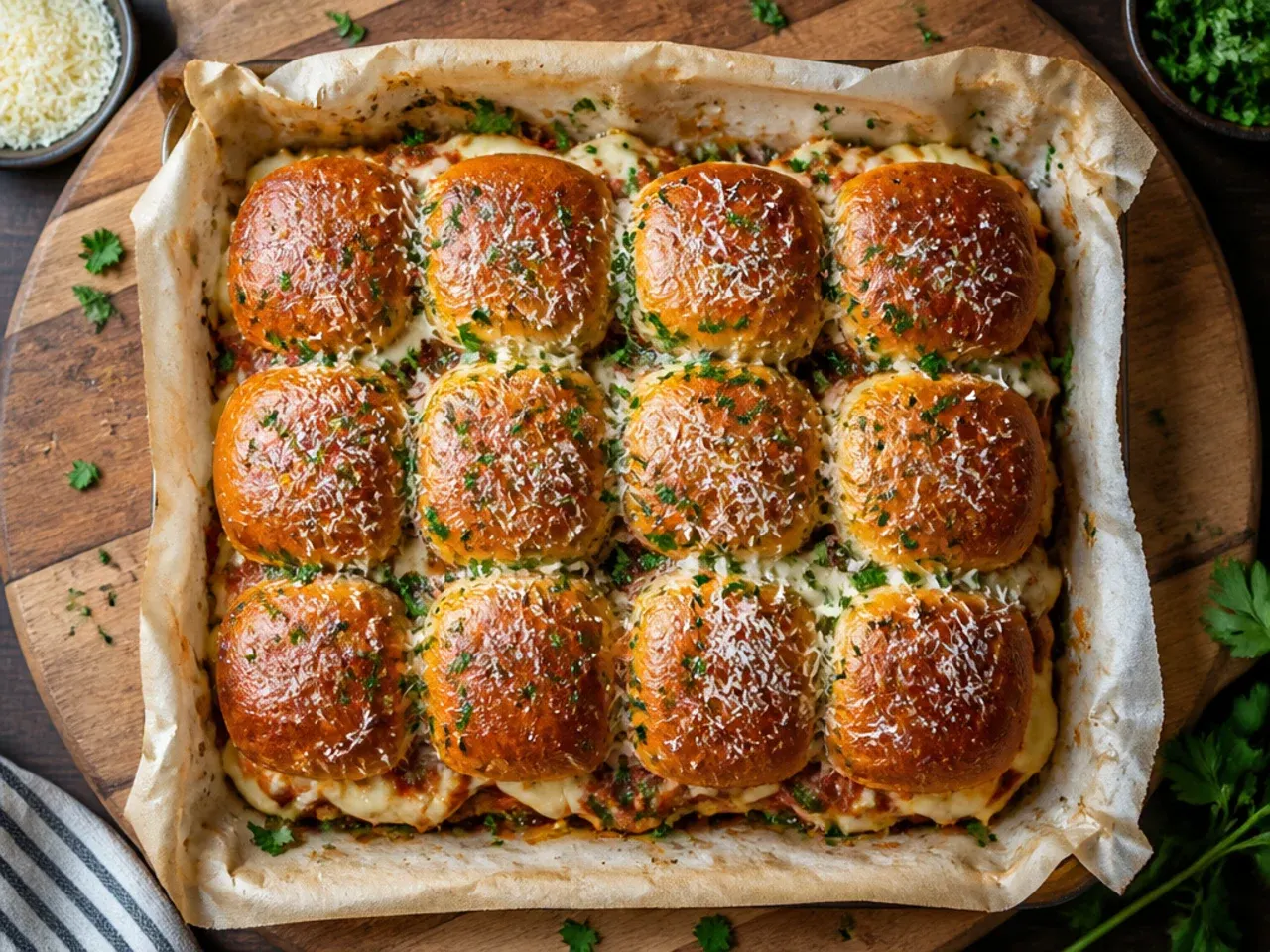 Parchment-lined baking dish ready for assembled Hawaiian roll sliders.