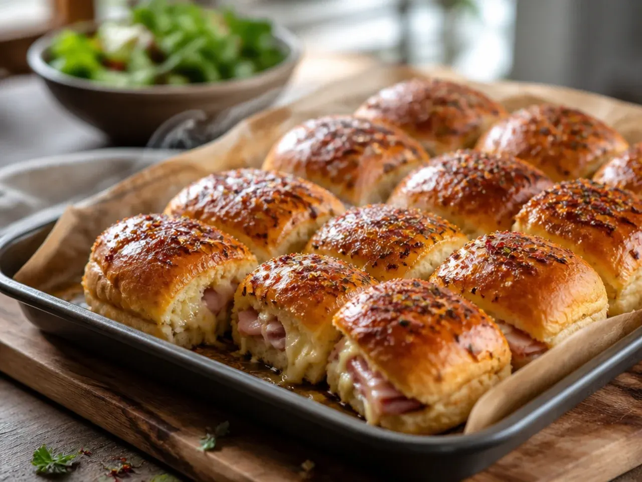 Serrated knife slicing baked Hawaiian roll sliders into individual portions.