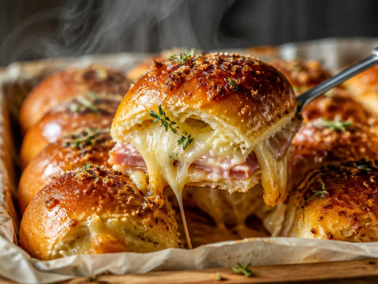 Baked Hawaiian roll sliders resting on a wire cooling rack.