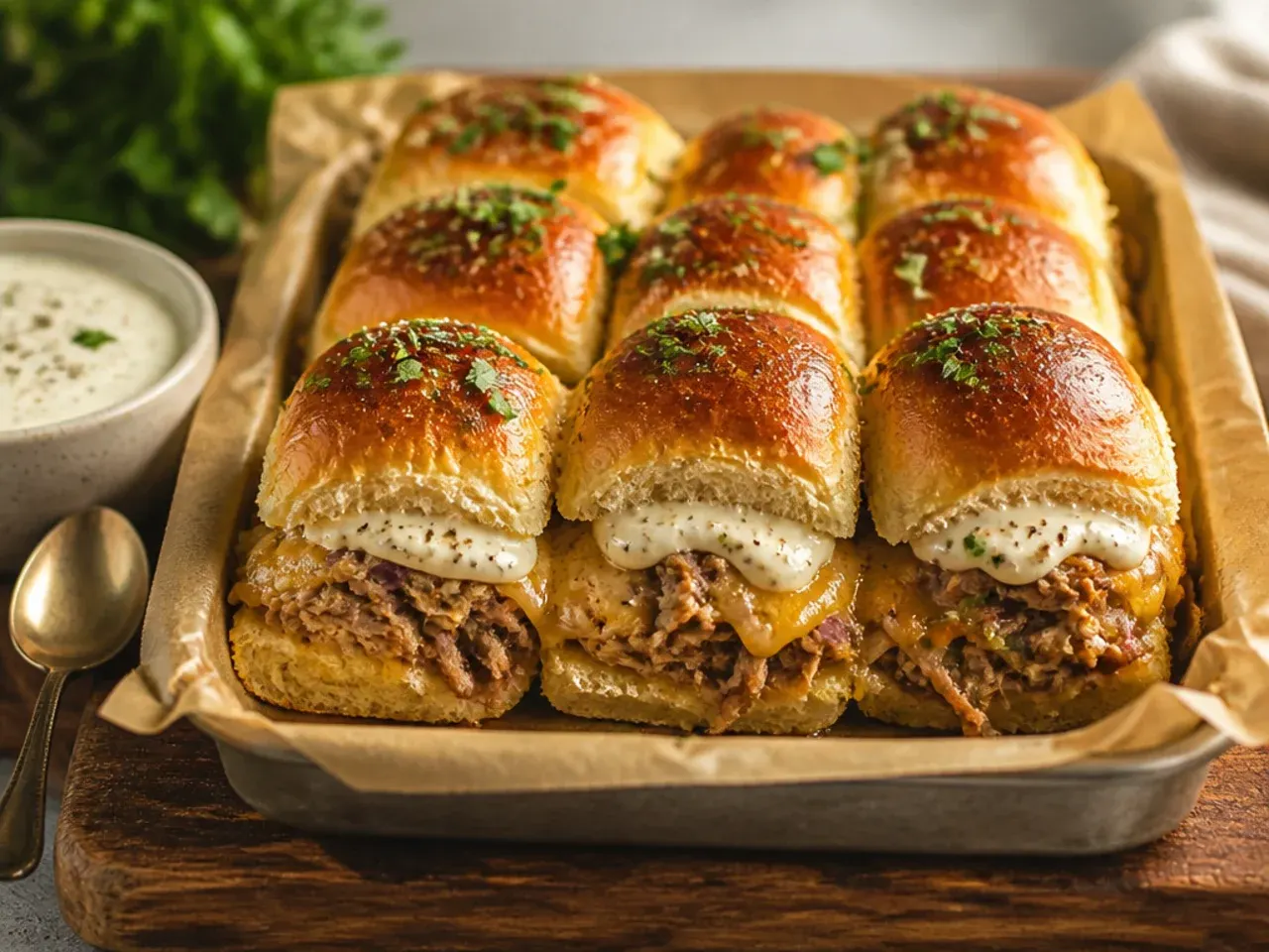 Close-up of golden slider tops with melted cheese bubbling at the edges.