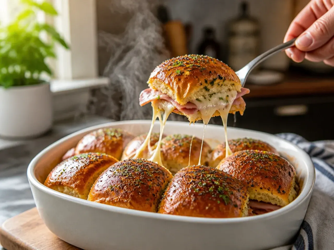 Tray of finished Hawaiian roll sliders ready to serve at a gathering.