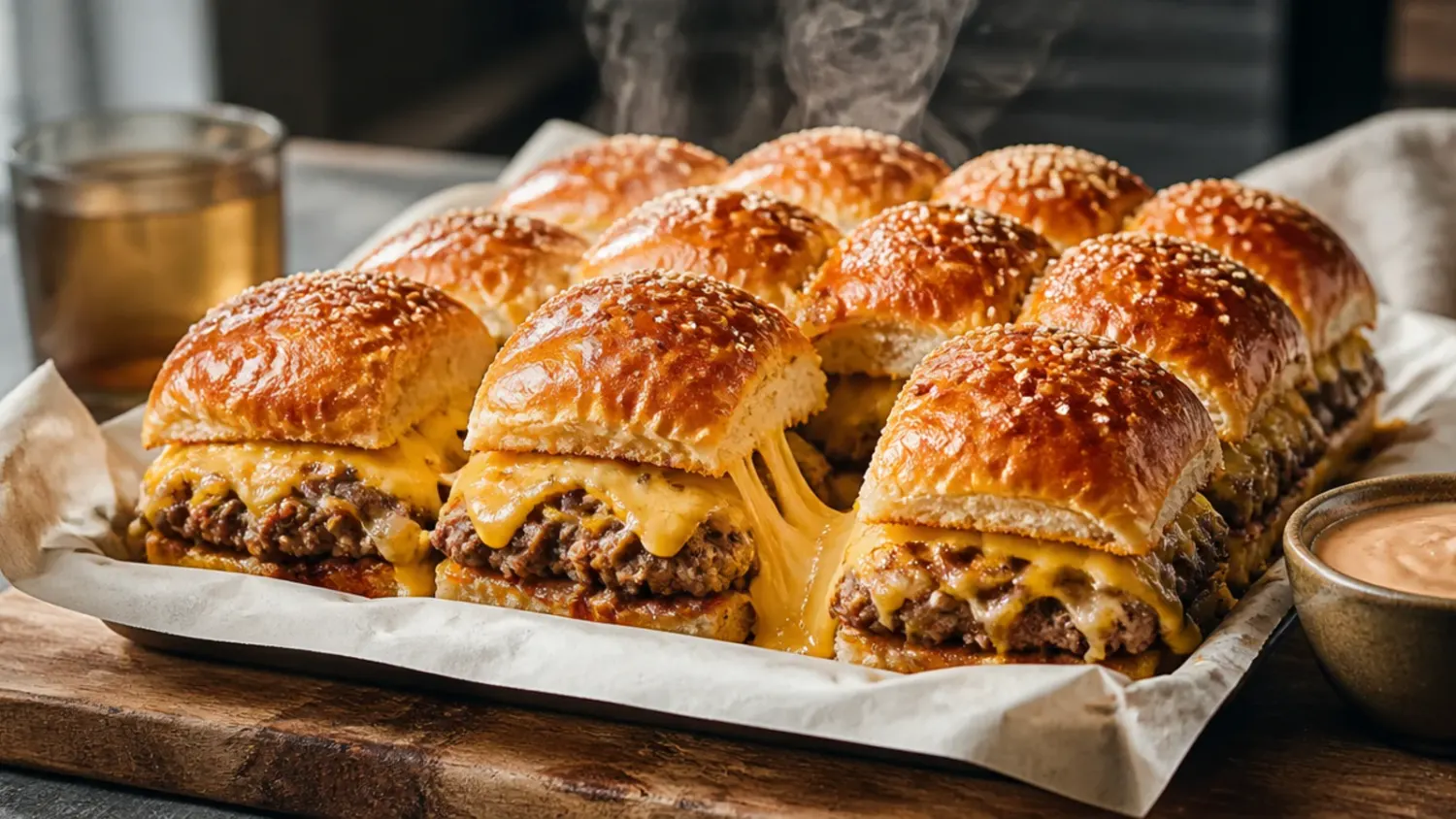 Overhead shot of baked Hawaiian roll cheeseburger sliders in a dish, golden on top with melted cheese and a buttery glaze soaking into the seams