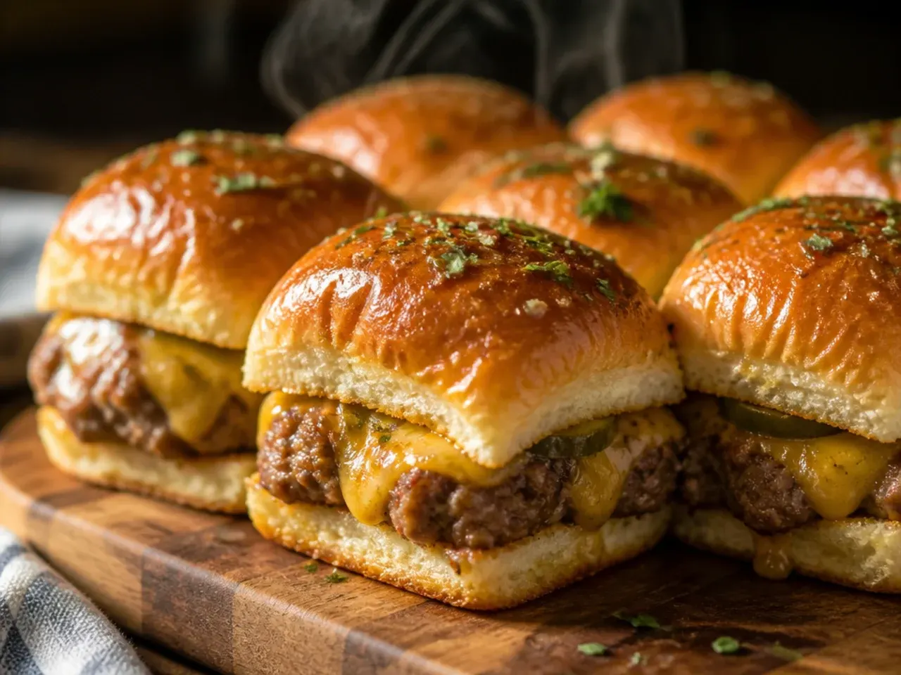 Tray of golden baked Hawaiian roll sliders fresh out of the oven