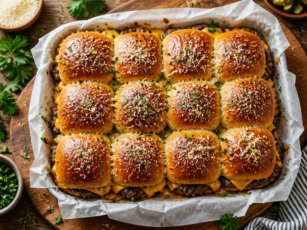 Classic cheeseburger sliders on Hawaiian rolls in a baking dish