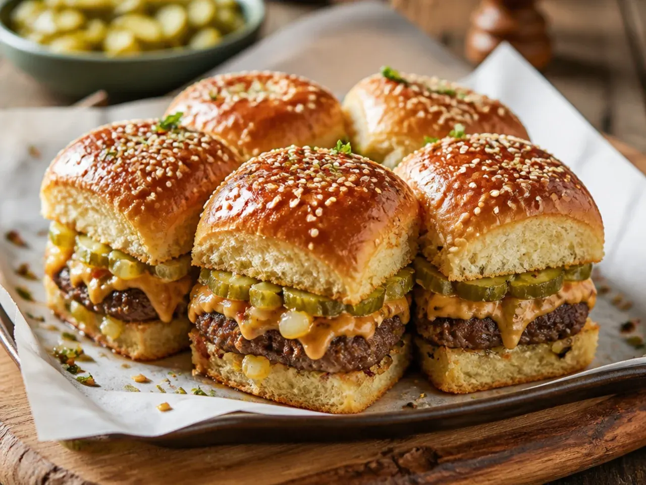 Big Mac-style sliders with special sauce and shredded lettuce