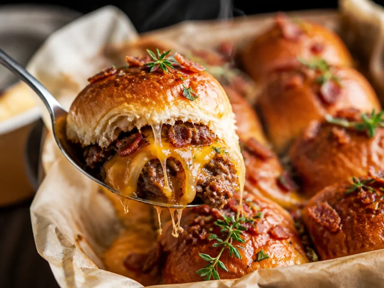 Bacon cheeseburger sliders topped with crispy bacon crumbles