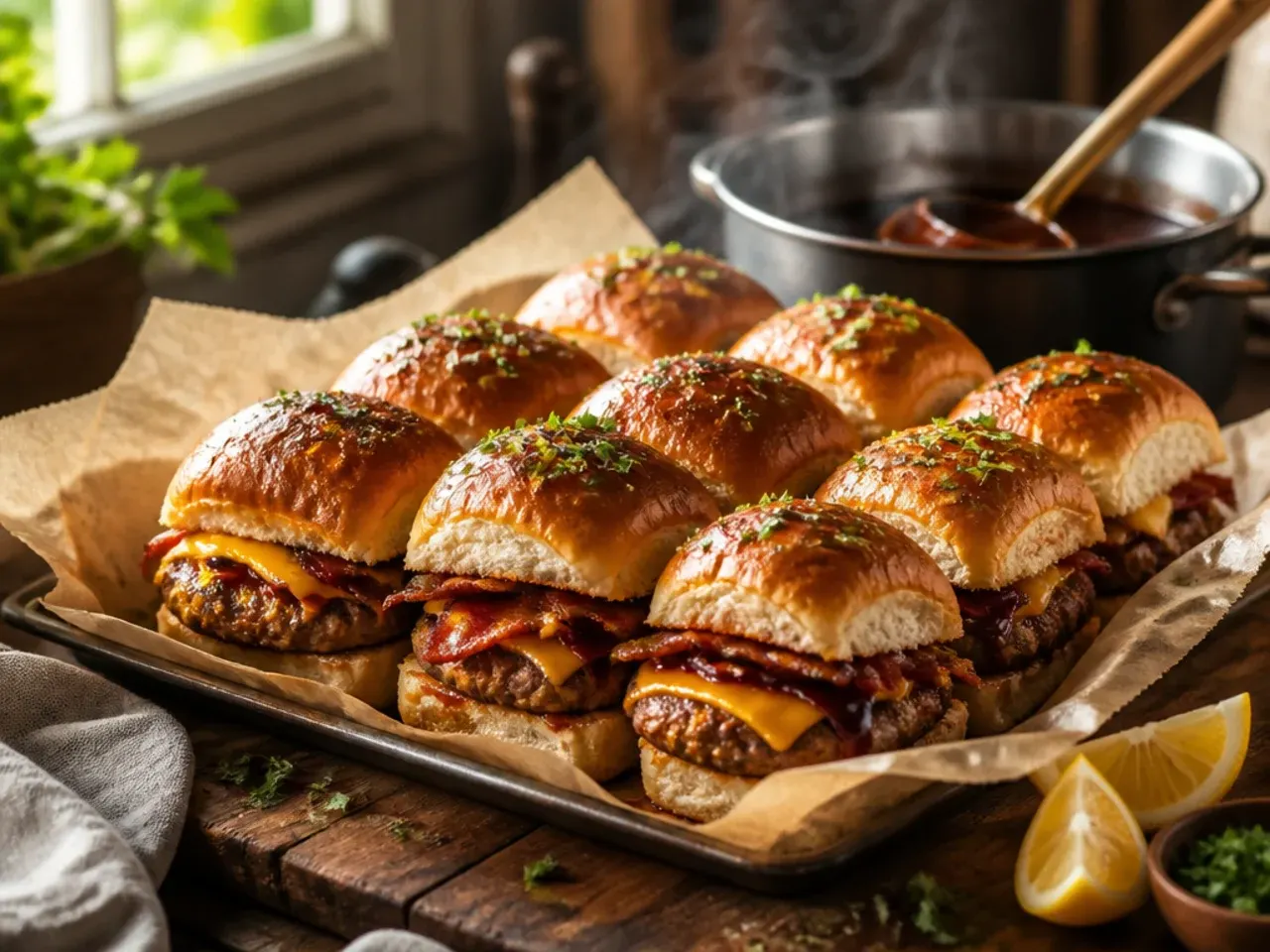 BBQ bacon cheeseburger sliders glazed with barbecue sauce