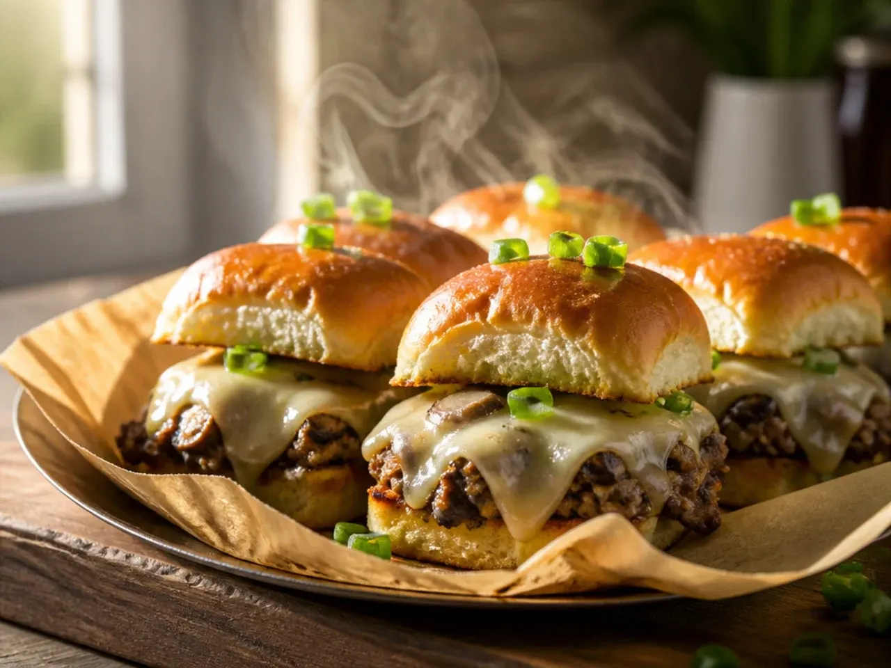 Mushroom Swiss sliders with sautéed mushrooms and melted Swiss cheese