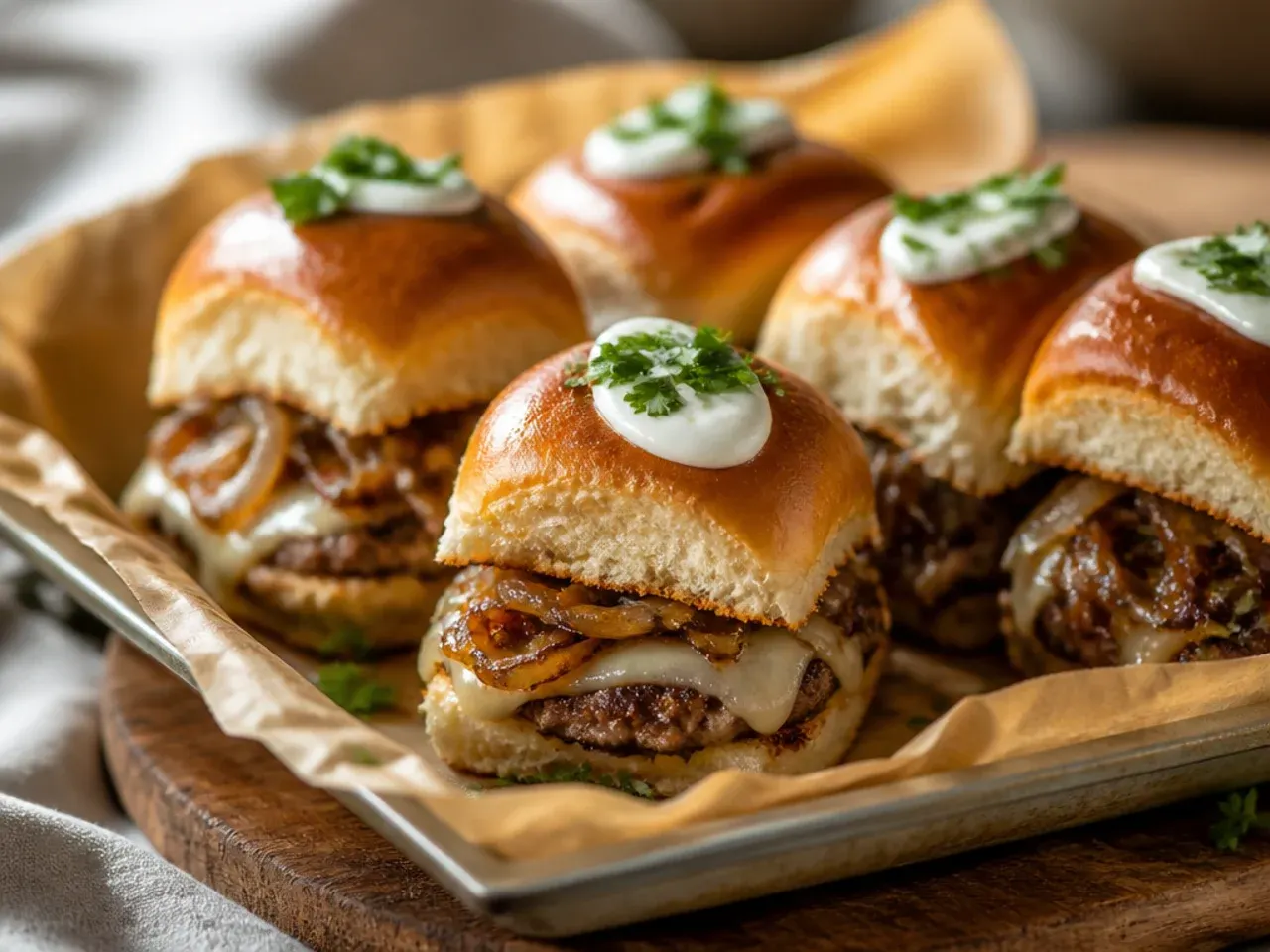 French onion cheeseburger sliders with caramelised onions and gruyère