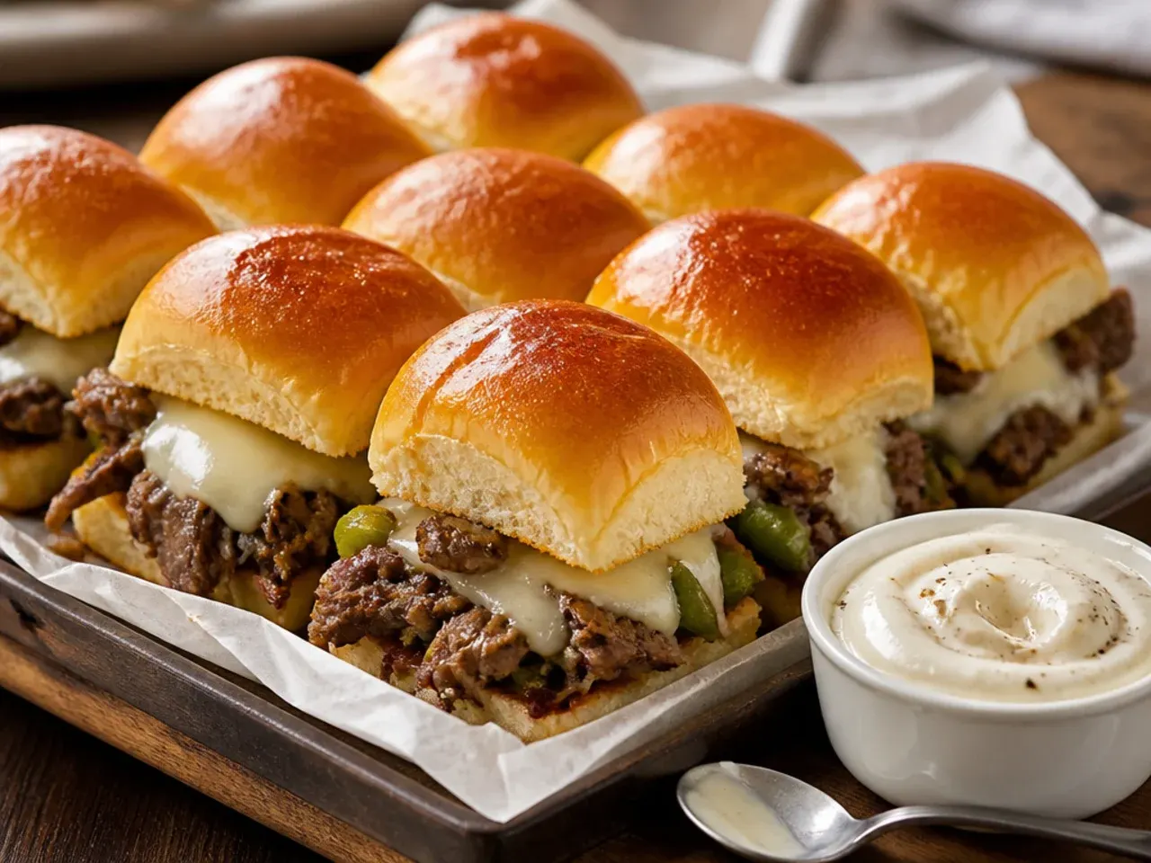 Philly cheesesteak-style sliders with steak strips, peppers and provolone