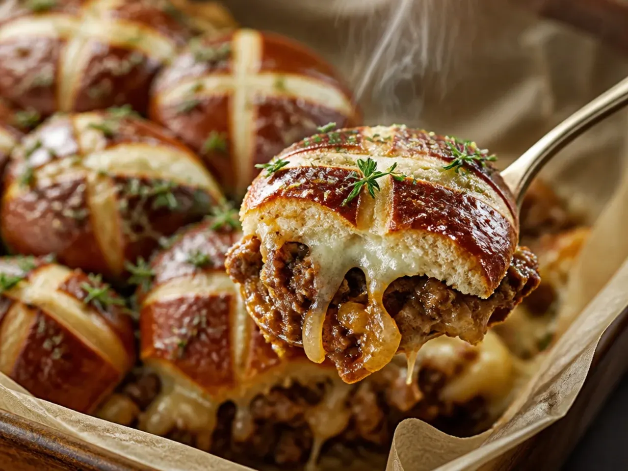 Rustic pretzel-style Hawaiian roll sliders with a shiny brown top