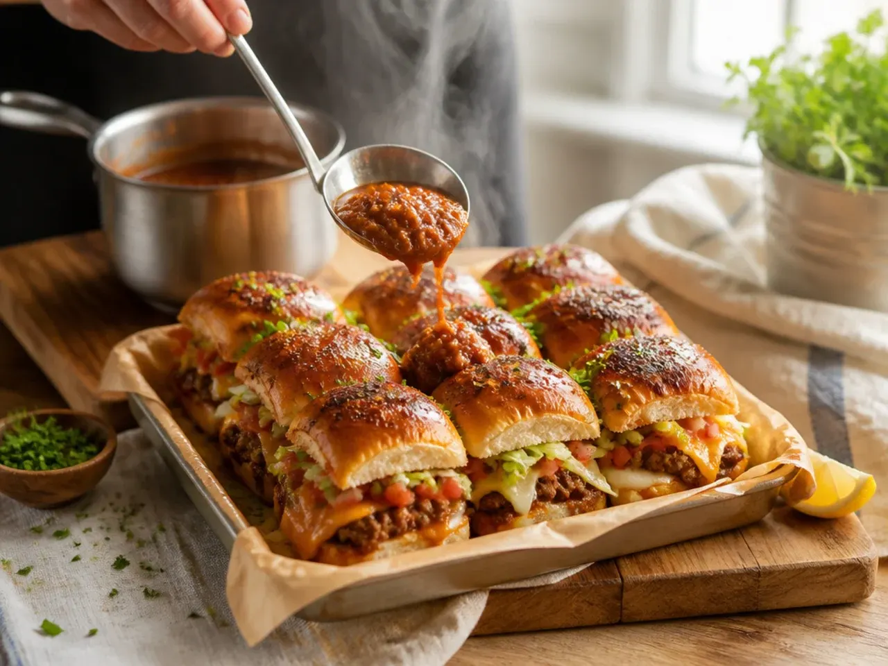 Loaded taco sliders topped with salsa and pepper jack cheese
