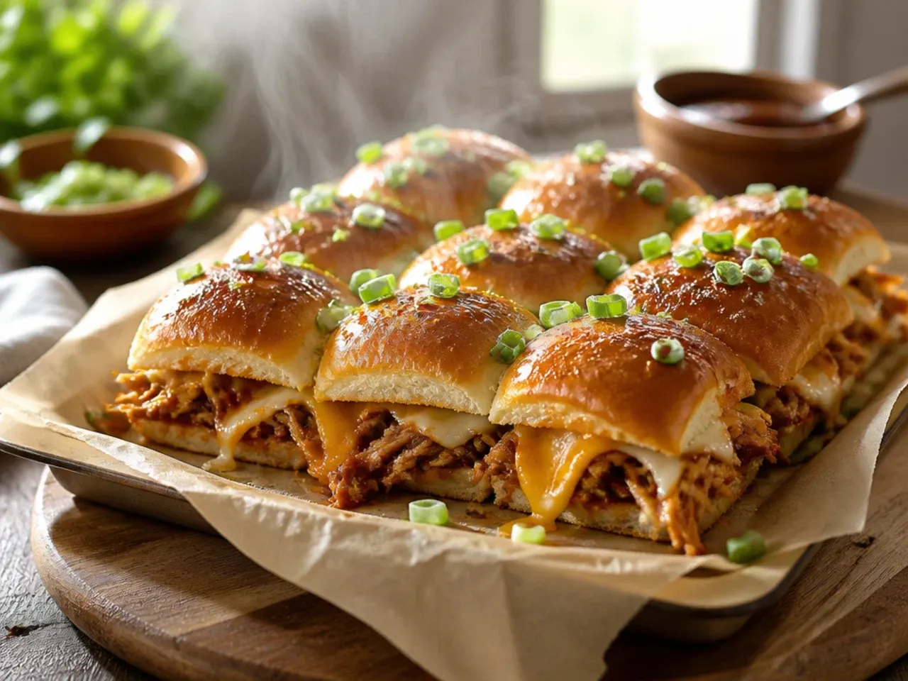 Family BBQ pulled pork sliders with pineapple and provolone