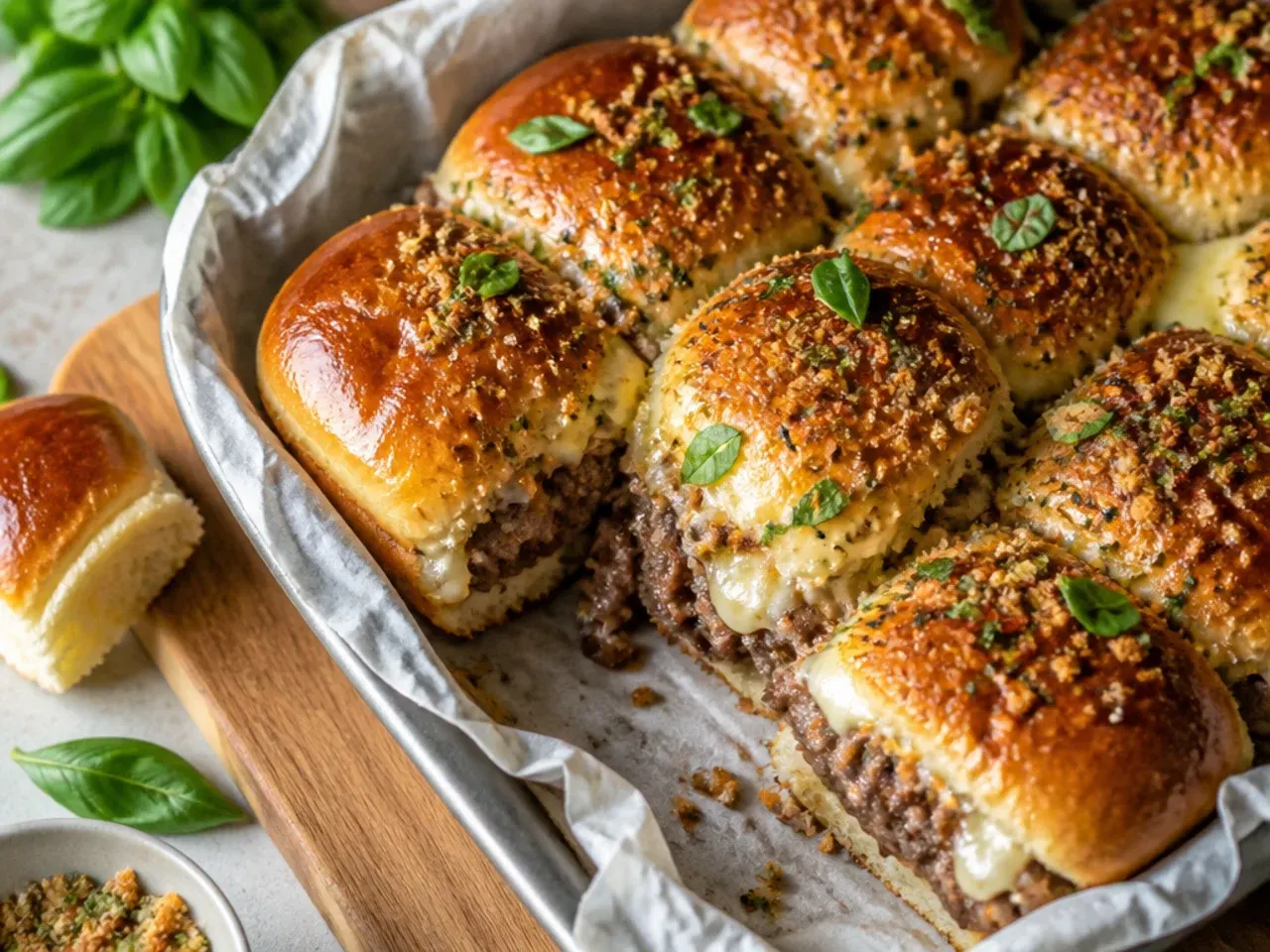 Best-ever garlic butter cheeseburger sliders with a glossy golden top